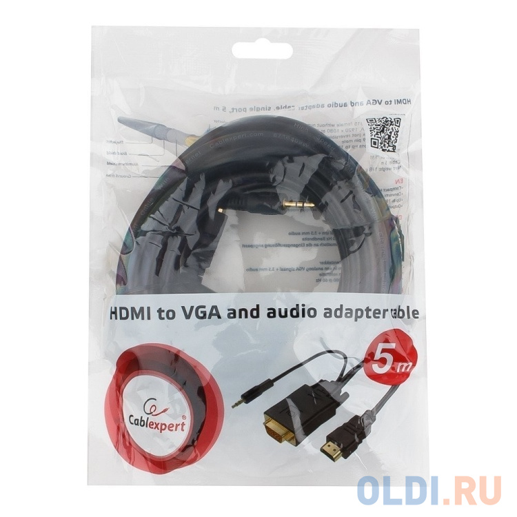 Кабель HDMI-VGA Cablexpert, 19M/15M + 3.5Jack, 1.8м, черный, позол.разъемы, пакет