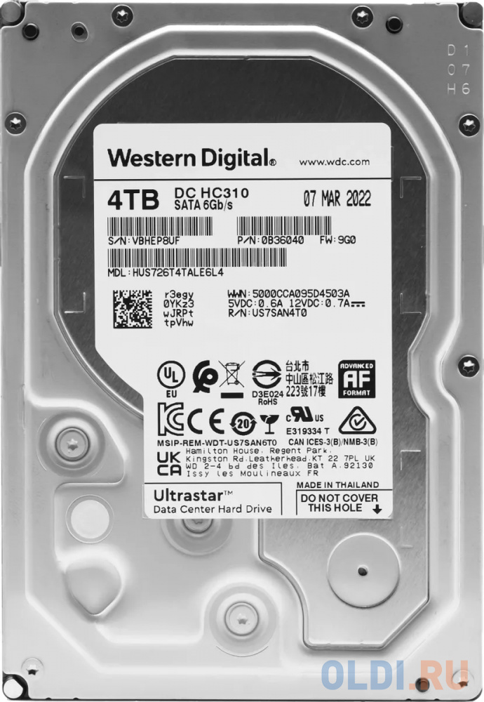 Жесткий диск WD SATA-III 4Tb Ultrastar DC HC310 (7200rpm) 256Mb 3.5&quot; (HUS726T4TALE6L4/0B36040)