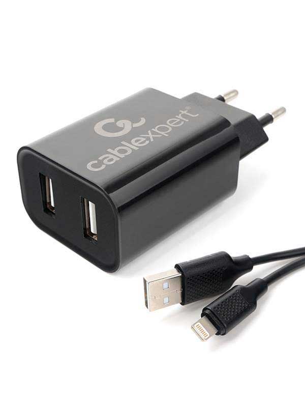 Сетевое зарядное устройство Cablexpert MP3A-PC-36 USB 2 порта, 2.4A, черный + кабель 1м lightning в Москвe