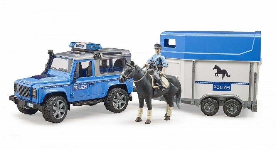 Внедорожник Land Rover Defender полицейский с прицепом, фигуркой и лошадью Bruder 02588