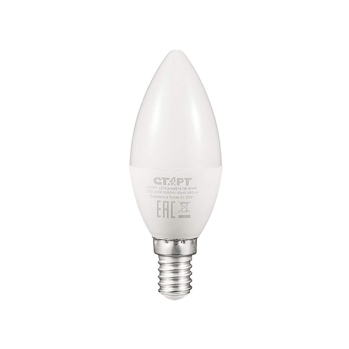 Лампа светодиодная E14 свеча, 7 Вт, 3000 K / теплый свет, 560лм, 220 В, СТАРТ (4610116202807)