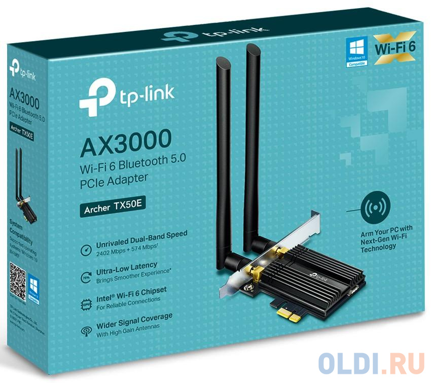 Сетевой адаптер Wi-Fi 6+ Bluetooth 5.0 TP-Link Archer TX50E AX3000 черный