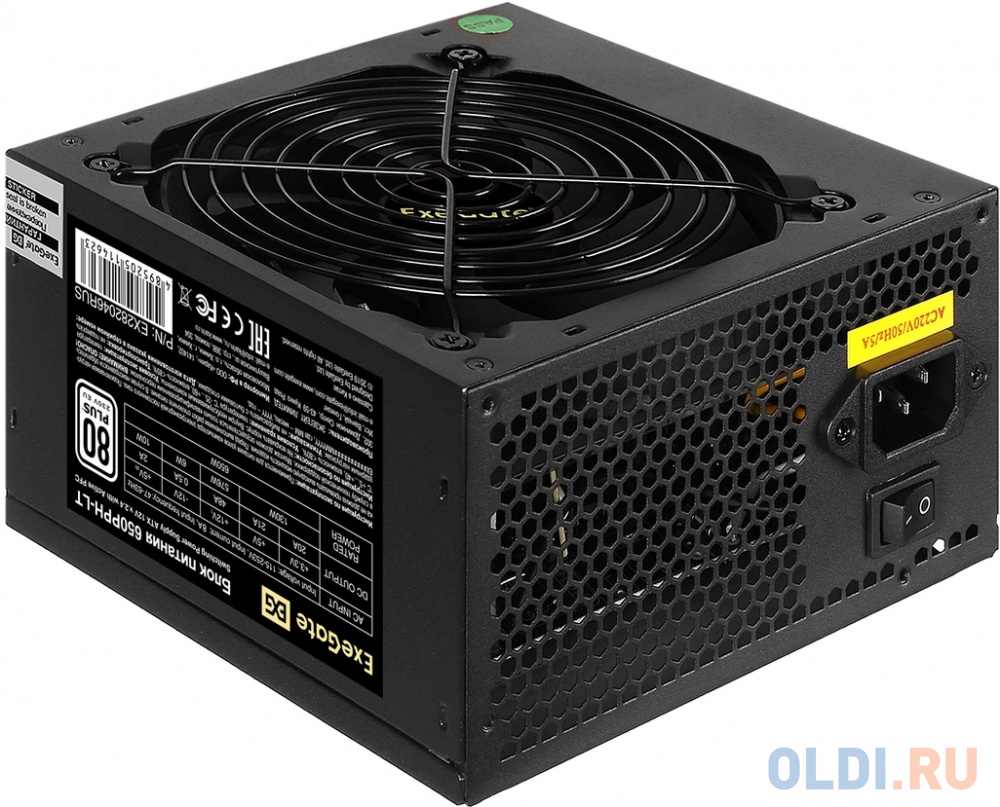 Блок питания 650W ExeGate 80 PLUS® 650PPH-LT-S-OEM (ATX, APFC, КПД 82% (80 PLUS)SC, 12cm fan, 24pin, (4+4)pin, PCIe, 5xSATA, 3xIDE, кабель 220V с защи