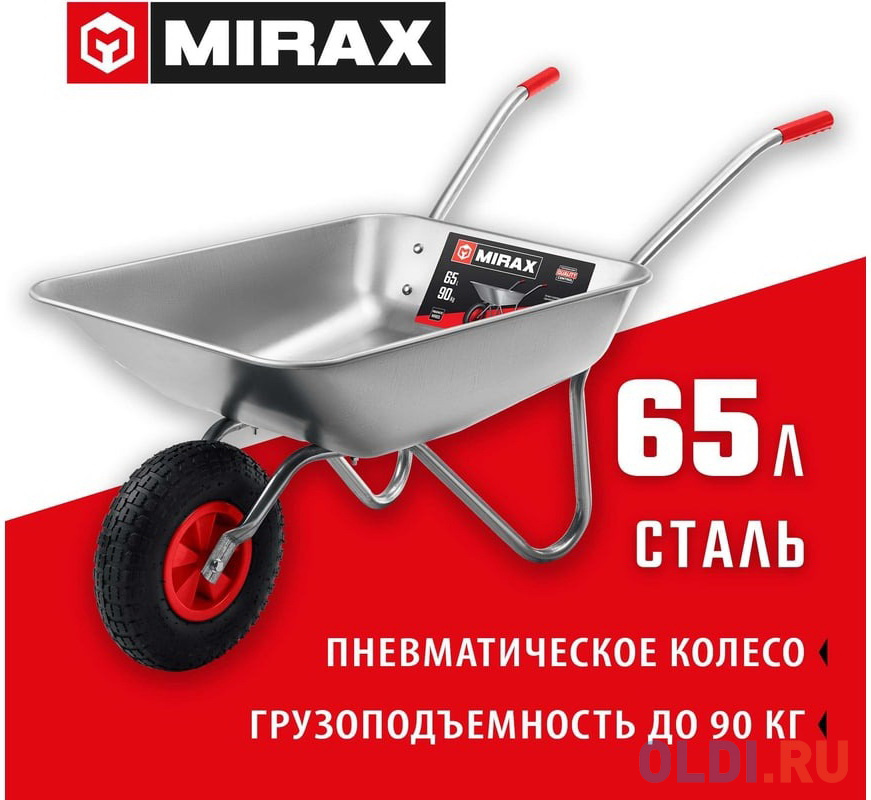 MIRAX MX-1, 65 л, 90 кг, одноколесная, оцинкованная сталь, садовая тачка (39900)