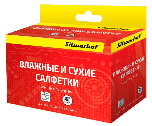 Салфетки Silwerhof для планшетов и смартфонов коробка 10шт сухих+10шт влажных в Москвe