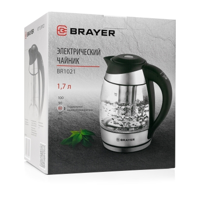 Чайник BRAYER BR1021 1.7л. 2200Вт, закрытая спираль, высокопрочное стекло, серебристый/черный