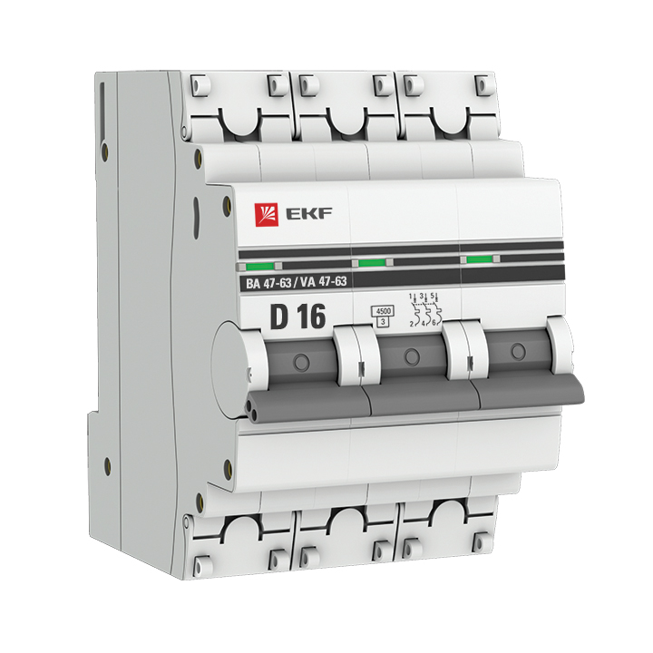 Выключатель автоматический EKF ВА 47-63 PROxima трехполюсный (3P/3П) 16A D 4.5кА (mcb4763-3-16D-pro)