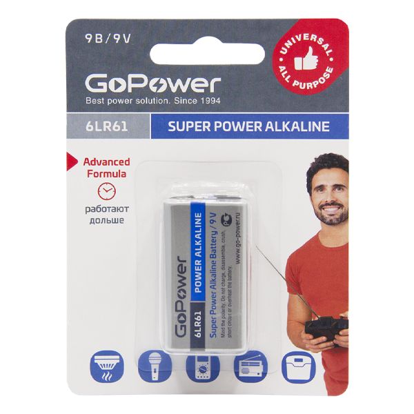 Батарейка GoPower Крона 6LR61 BL1 Alkaline 9V (1/10/240)