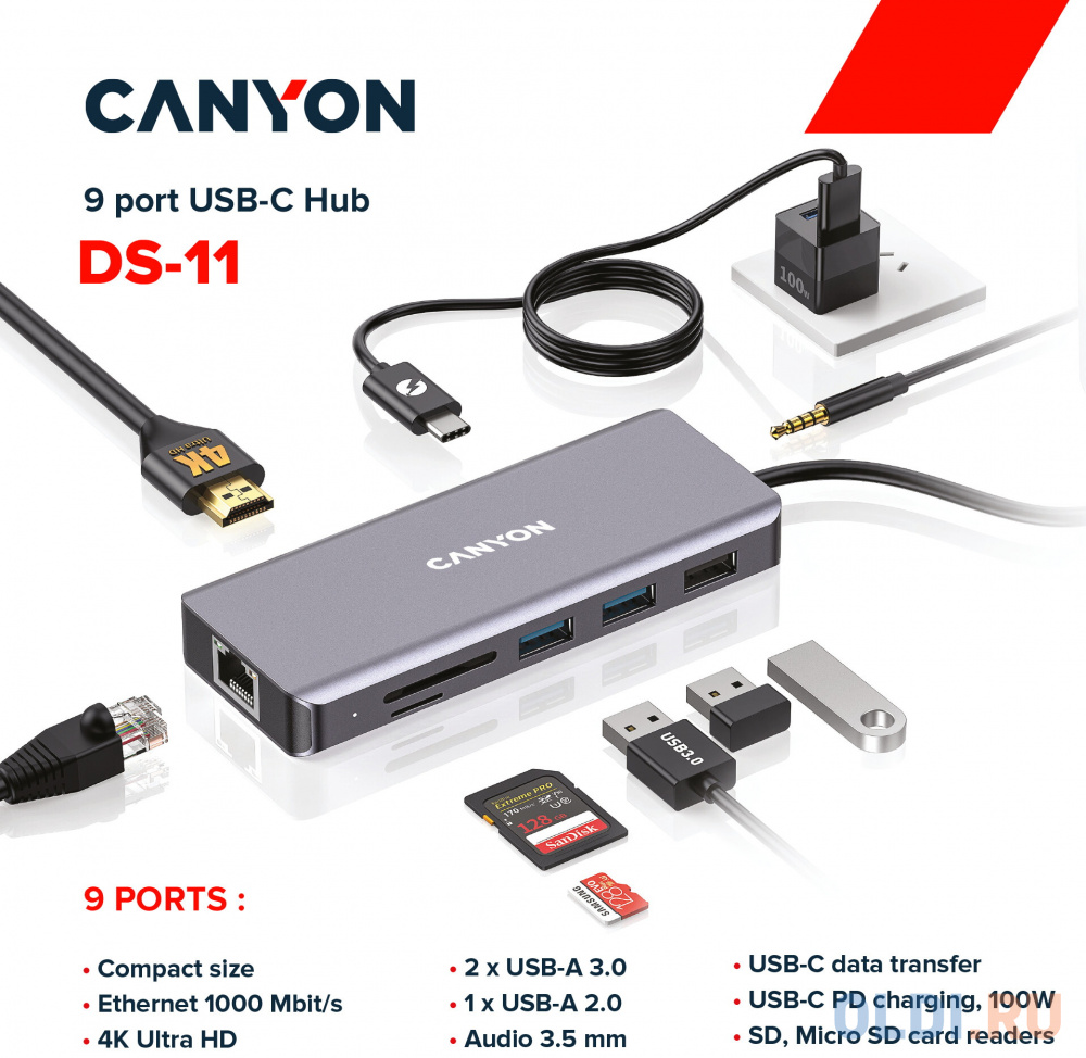 Концентратор USB Type-C Canyon CNS-TDS11 1 х USB 2.0 2 х USB 3.0 USB Type-C RJ-45 HDMI microSD 3.5мм miniJack серый в Москвe