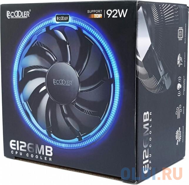 PCCooler E126MB Кулер S775/115X/AM2/2+/AM3/3+/AM4/FM1/FM2/2+ (TDP 92W, вент-р 120мм с PWM, Blue LED FAN, 1000-1800RPM, 26.5dBa) Retail Color Box {48}