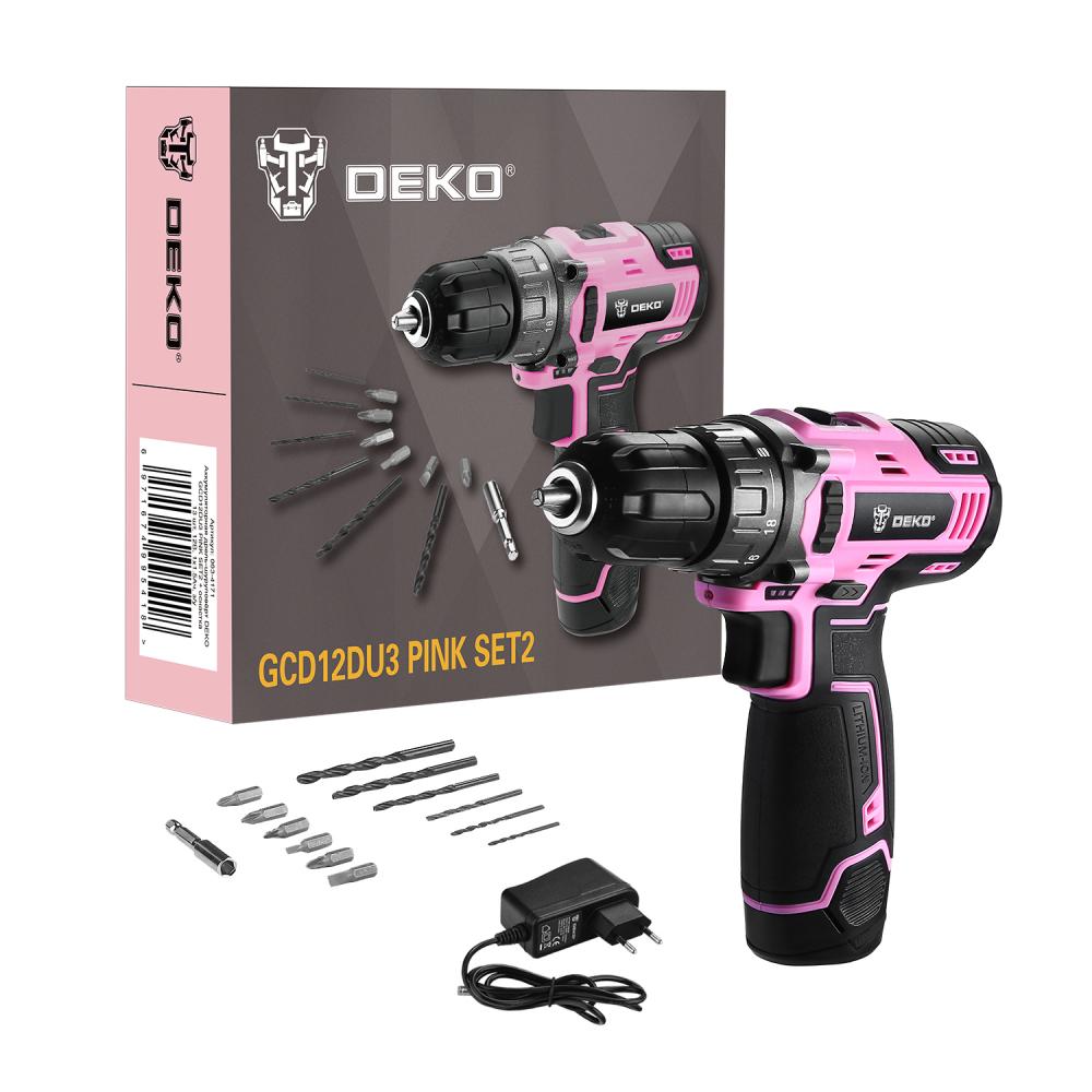 Аккумуляторная дрель-шуруповёрт DEKO GCD12DU3 PINK SET2 + оснастка 13 шт, 12В, 1х1.5Ач, з/у