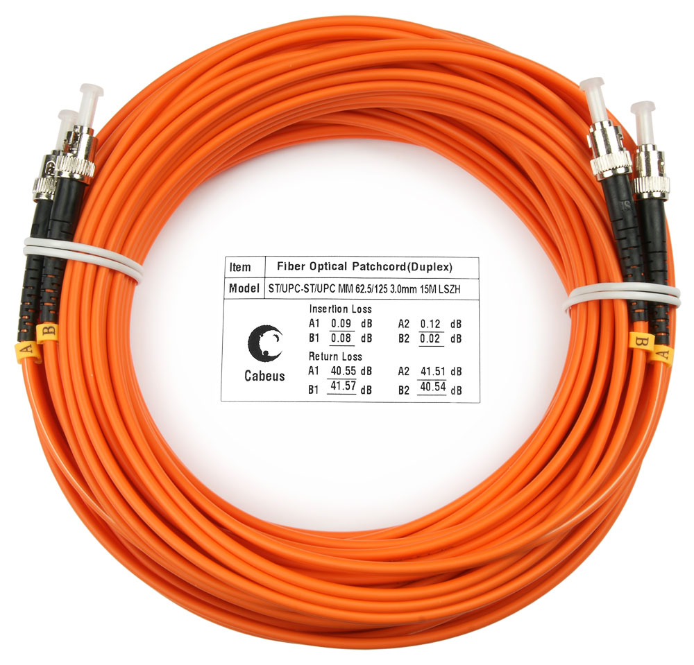 Патч-корд оптический Cabeus FOP-62-ST-ST-15m, ST/UPC-ST/UPC, многомодовый, 62.5/125, OM1, двойной, 15 м, LSZH, оранжевый (FOP-62-ST-ST-15m)