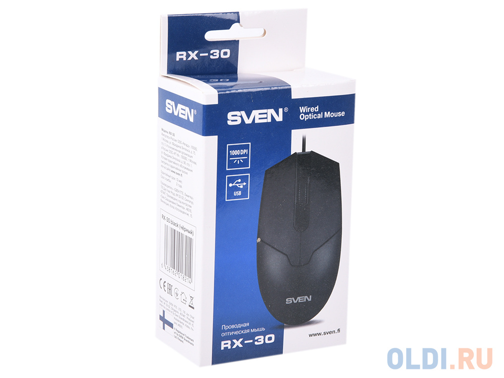 Мышь SVEN RX-30 USB чёрная, 2+1кл. 1000DPI, цвет. картон, кабель 2м.