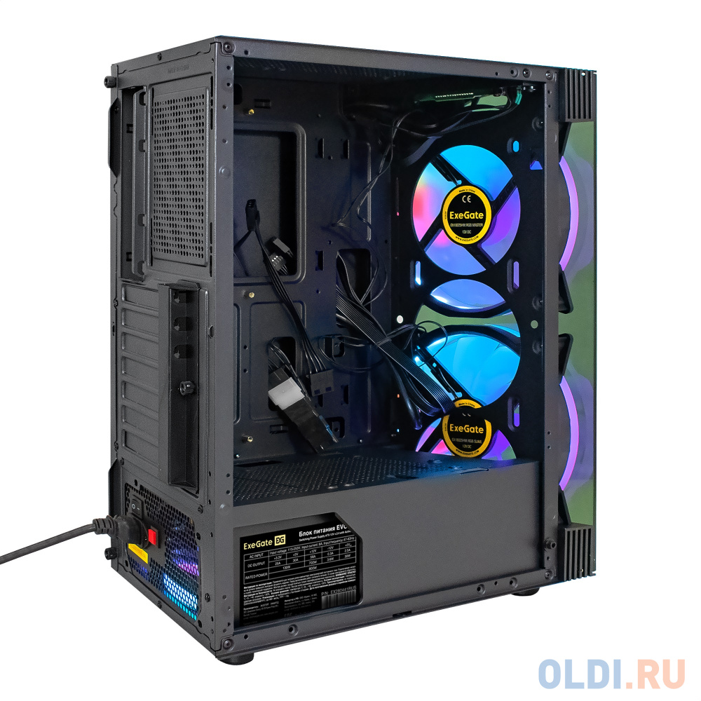 Корпус Miditower ExeGate i3 MATRIX-EVO800 (ATX, EVO800RGB 12см, 2*USB+1*USB3.0, HD аудио, черный, 2 вент. 18см с RGB подсветкой, пылевые фильтры, пере