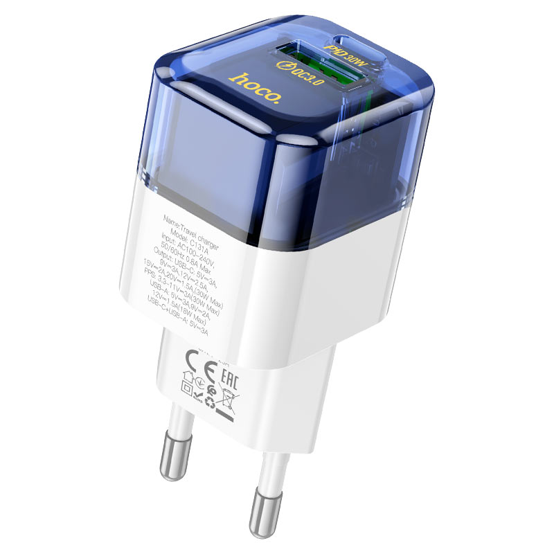 Зарядное устройство Hoco C131A Platinum USB - Type-C + кабель Type-C Blue-Transparent 6942007609876