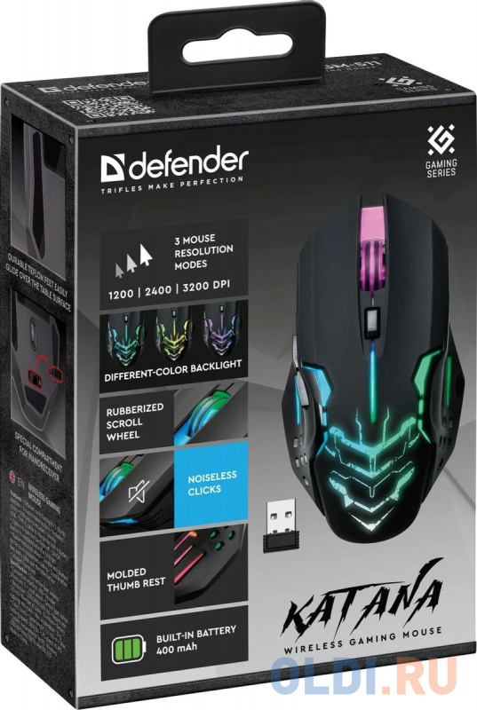 Беспроводная игровая мышь DEFENDER KATANA чёрная (USB, 2.4 ГГц, LED подсветка,6 кн., 400 мАч, 3200 dpi, GM-511)