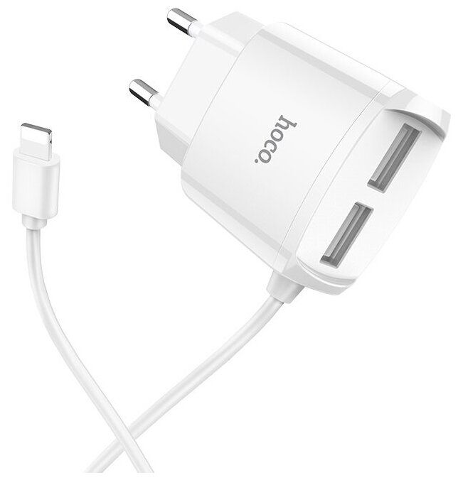 Сетевое зарядное устройство Hoco C59A Mega Joy, 2USB, 2.4A, встроенный кабель Lightning, белый (07949)