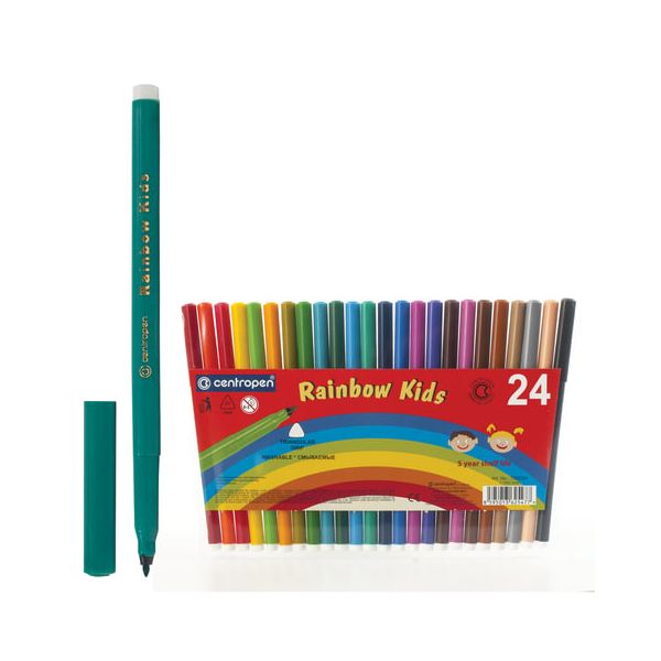 Фломастеры CENTROPEN Rainbow Kids, 24 цвета, смываемые, эргономичные, вентилируемый колпачок, 7550/24