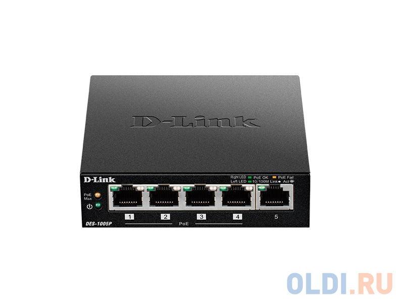 Коммутатор D-Link Switch DES-1005P/B1A Неуправляемый коммутатор с 5 портами 10/100Base-TX, функцией энергосбережения и поддержкой QoS (4 порта с подде в Москвe