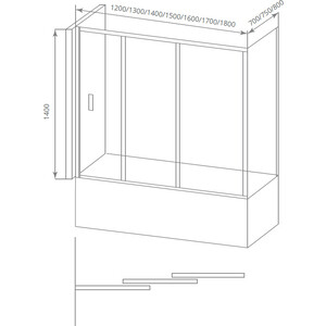 Шторка для ванны Good Door Screen WTW+SP 160х80х140 прозрачная, хром