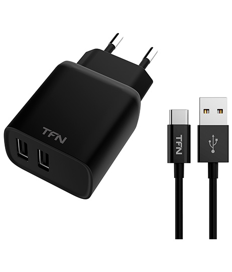 Сетевое зарядное устройство TFN Rapid+ 12Вт, 2xUSB, 2.4A, черный (TFN-WCRPD12W2U03), кабель USB Type C