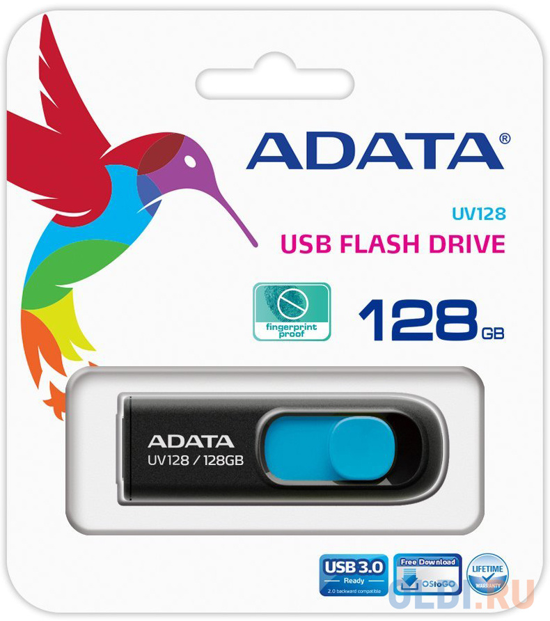 Внешний накопитель 128GB USB Drive ADATA USB 3.1 UV128 черно-синяя выдвижная AUV128-128G-RBE