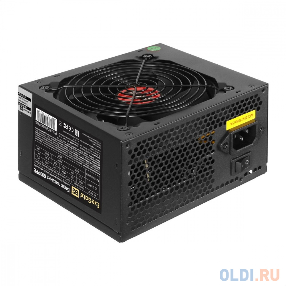 Блок питания 600W ExeGate 600PPE (ATX, APFC, PC, КПД 80% (80 PLUS), 12cm fan, 24pin, (4+4)pin, PCIe, 5xSATA, 3xIDE, FDD, black, кабель 220V в комплект