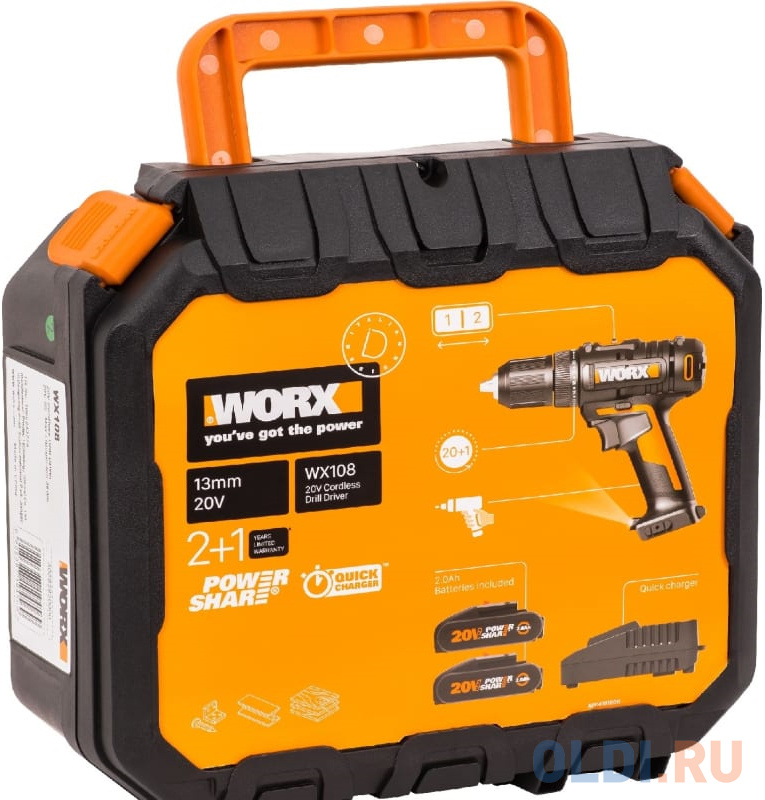 WORX Дрель-шуруповерт аккумуляторная , 50Нм, 20В, 2Ач x2, ЗУ 2А, кейс WX108