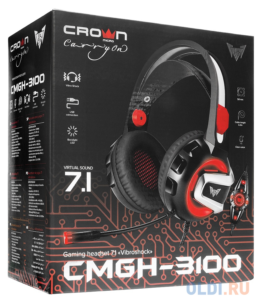 Игровая гарнитура проводная Crown CMGH-3100 черный красный