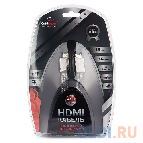 Кабель HDMI Cablexpert, серия Platinum, 1,8 м, v2.0, M/M, плоский, позол.разъемы, метал. корпус, нейлоновая оплетка, блистер CC-P-HDMI04-1.8M в Москвe