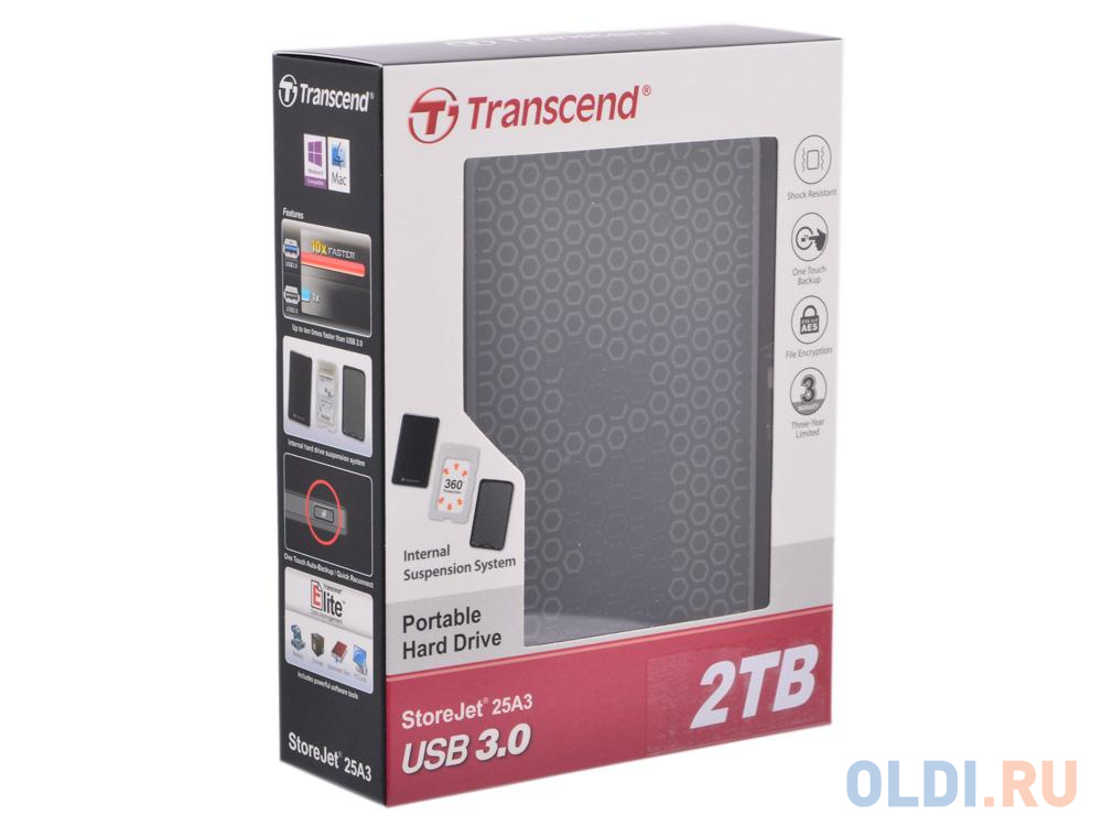 Внешний жесткий диск 2Tb Transcend TS2TSJ25A3K StoreJet 25A3 2.5" черный 2.5" USB 3.0 <Retail