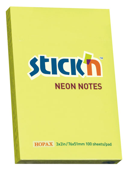 Блок самоклеящийся (стикеры) STICK`N, 100 листов, неоновый, желтый (21133)