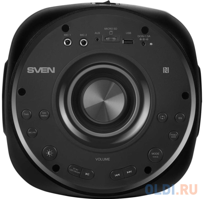 Мобильные колонки SVEN PS-770 2.0 чёрные (2x50W, mini Jack, USB, Bluetooth, FM, micro SD, NFC, LED-дисплей, ПДУ,  4400 мA, LED подсветка)