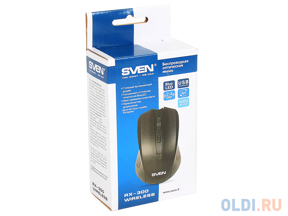 Беспроводная мышь SVEN RX-300 Wireless черная, BlueLED, 3+1(колесо прокрутки), 600/1000 dpi, симметричная