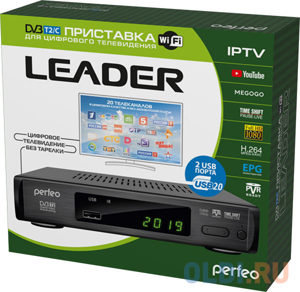 Perfeo DVB-T2/C приставка "LEADER" для цифр.TV, Wi-Fi, IPTV, HDMI, 2 USB, DolbyDigital, пульт ДУ