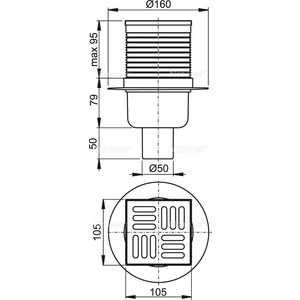 Душевой трап AlcaPlast 105х105/50 подводка прямая, нержавеющая сталь, гидрозатвор мокрый (APV2)