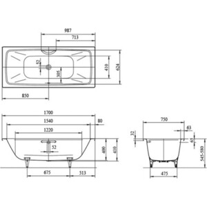 Ванна стальная Kaldewei Cayono Duo 724 Easy Clean 170x75 с экраном Emmy Эко и ножками