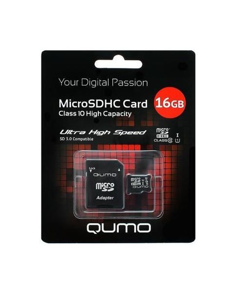 Карта памяти Qumo microSDHC 16Gb Class 10 + SD адаптер (QM16GMICSDHC10)