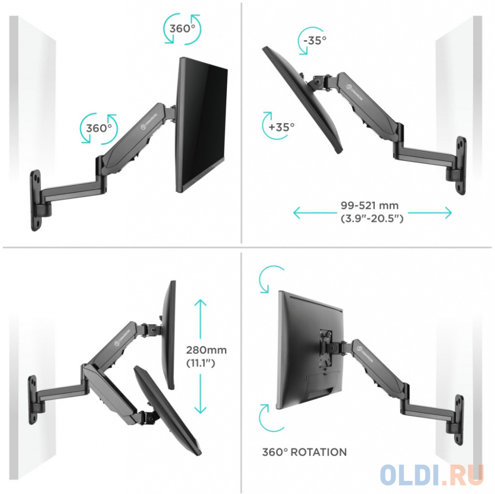 Кронштейн НАСТЕННЫЙ для монитора ONKRON/ 13-32" 2колена, макс. 100*100, струбцина, наклон -35?+35? поворот 180?, расстояние от стены 85-521мм, ма