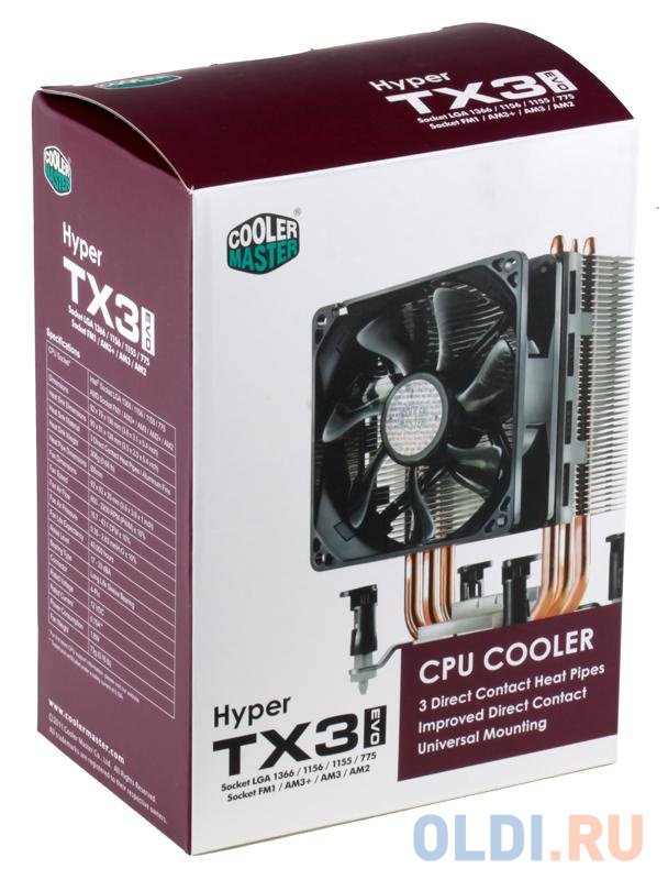 Кулер Cooler Master Hyper TX3 EVO (RR-TX3E-22PK-R1) 1366/1156/1150/1155/775/FM1/AM3+/AM3/AM2 fan 9 cm, 800-2200 RPM, PWM, 43 CFM, TPD 140W