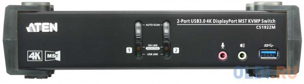 Переключатель KVM ATEN  CS1922M-AT-G KVM+Audio+USB 3.0,  1 user USB+DP =  2 cpu USB+DP, со шнурами DP 2x1.5м.+USB 2х1.8м., 3840x2160 60Hz UHD/4096x216