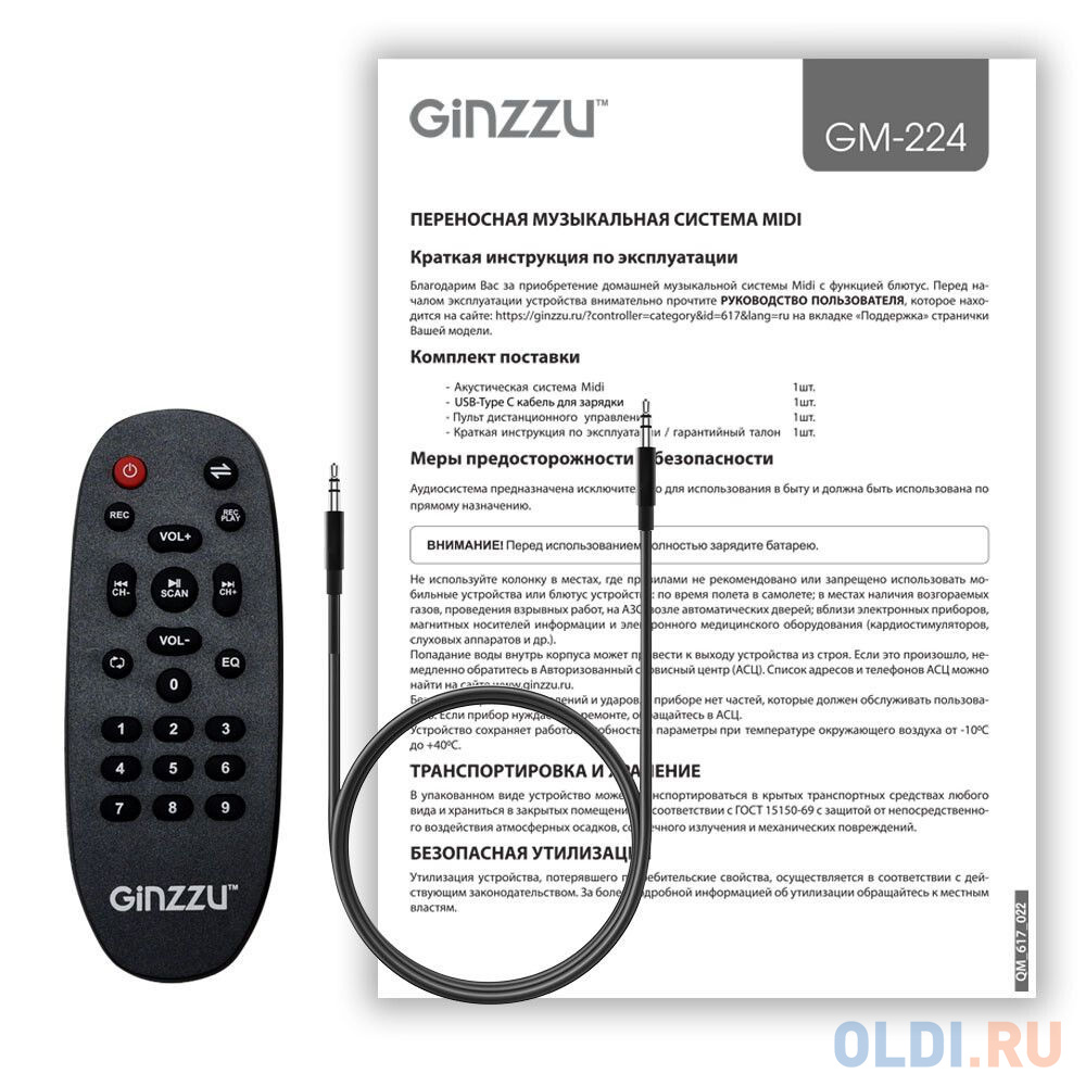 Ginzzu GM-224, Акустическая система Midi, BT/USB/TF/FM/MIC/ДУ