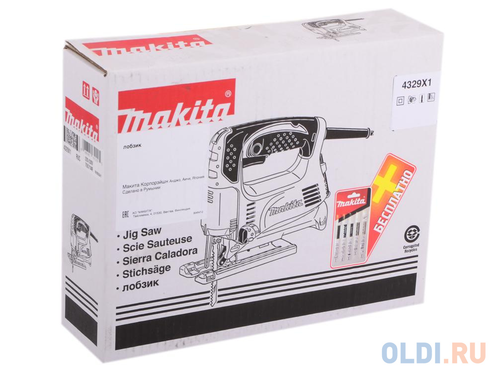 Лобзик Makita 4329X1 в\\рук,450Вт,500-3100об\\м,ход-18мм,рез-65мм,1.9кг,кор,маятн,набор A-86898