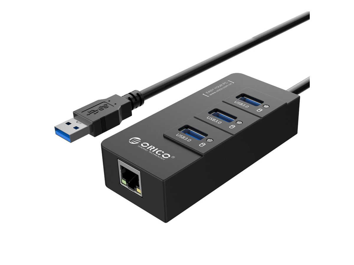 Сетевой адаптер USB-хаб ORICO HR01-U3-BK, USB 3.0 на 3xUSB 3.0, RJ-45, Черный ORICO-HR01-U3-BK