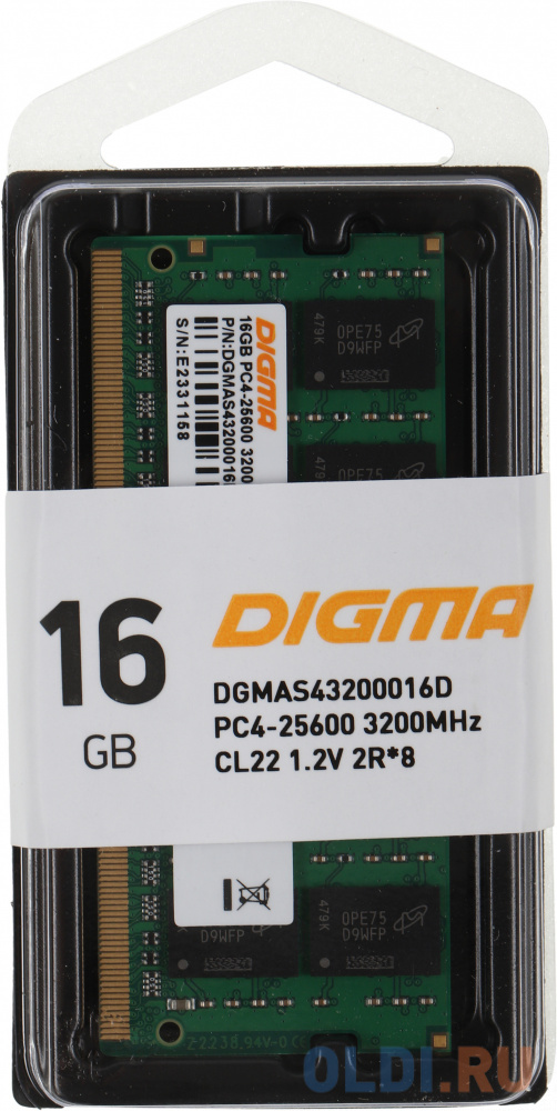 Память DDR4 16Gb 3200MHz Digma DGMAS43200016D RTL PC4-25600 CL22 SO-DIMM 260-pin 1.2В dual rank Ret в Москвe