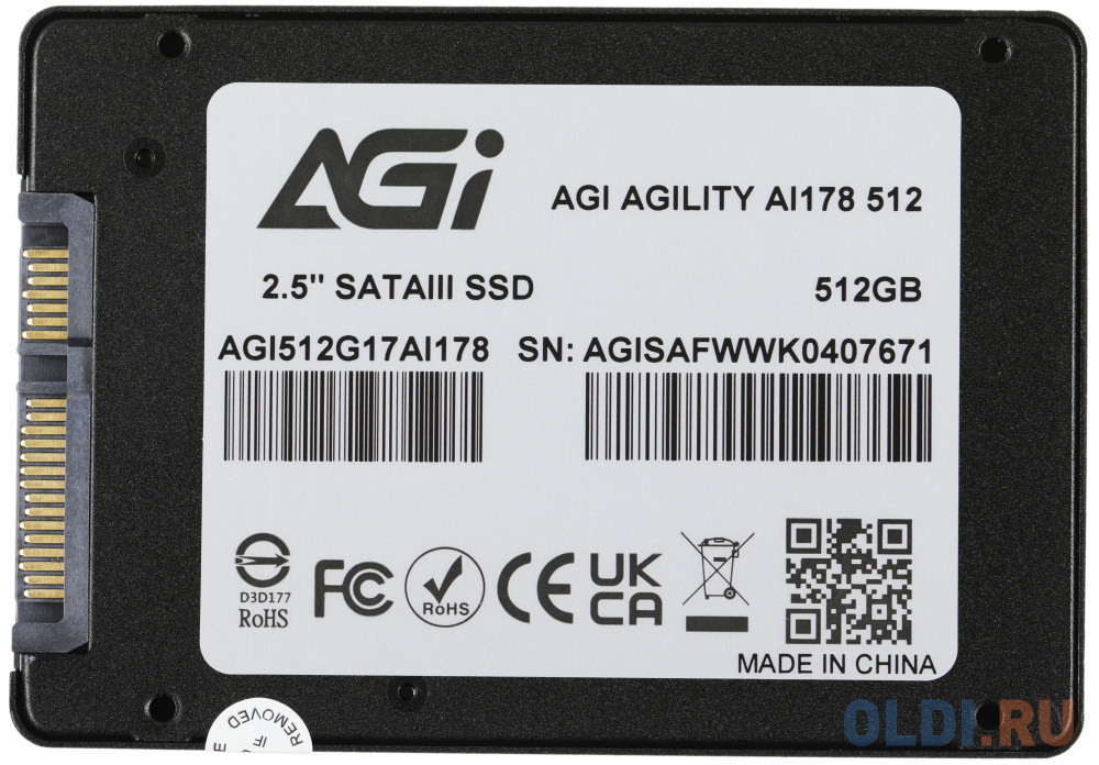 2.5&quot; 512GB AGI AI178 Client SSD SATA 6Gb/s, 538/486, IOPS 41/78K, MTBF 1.6M, 3D TLC, 300TBW, 0,54DWPD, RTL{100} (610224) в Москвe