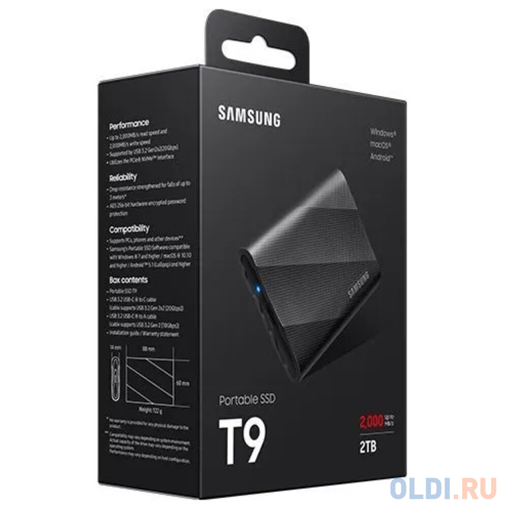 Внешние HDD и SSD/ Samsung External SSD T9, 2000GB, Type-C, USB 3.2 Gen2, R/W 2000/2000MB/s, 88x60x14mm, Black (12 мес.) в Москвe