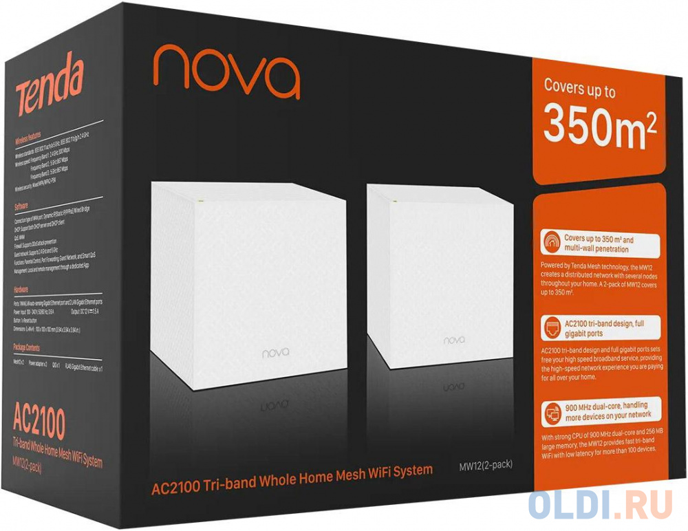 Wi-Fi система Tenda Nova MW12 (2-pack) 802.11aс 1734Mbps 2.4 ГГц 5 ГГц 3xLAN белый