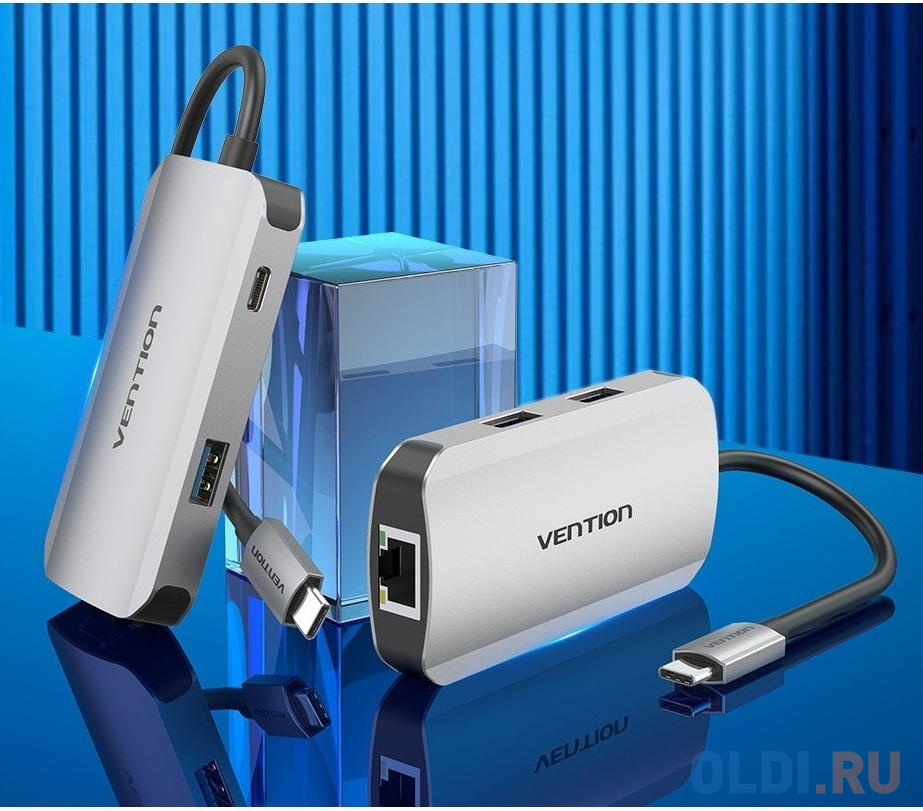 Концентратор USB Type-C Vention TOKHB 3 х USB 3.0 RJ-45 HDMI USB Type-C microSD SD серебристый в Москвe