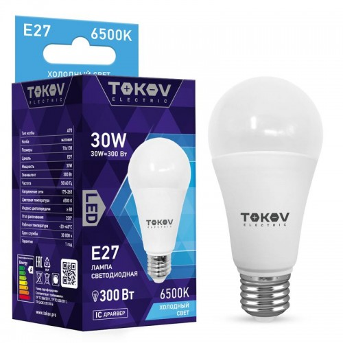 Лампа светодиодная E27 груша, 30Вт, 6500K-6500K / белый, 2700лм, TOKOV ELECTRIC (TKE-A70-E27-30-6.5K)